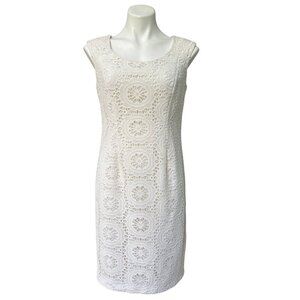 Adrianna Papell White Ivory Lace Eyelet Sheath Dress, Sleeveless Women's Size 10